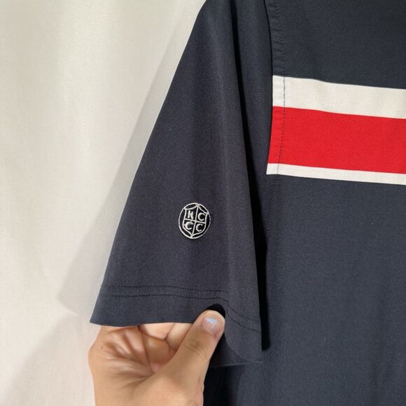 Footjoy Golf Polo Juniors Large Navy Blue Striped Short Sleeve 1/4 Button Tech - Picture 9 of 9